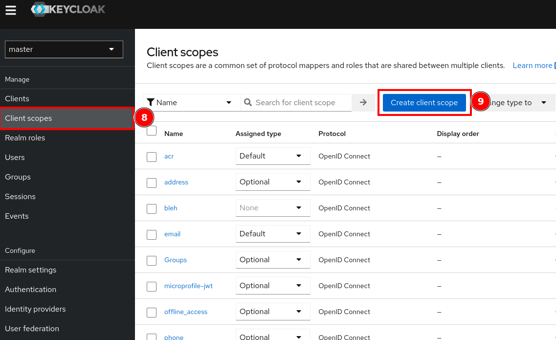 The Keycloak Client Scopes page with the Create Client Scope button highlighted.